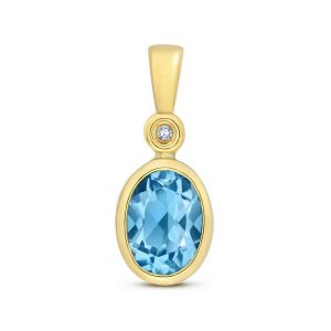 Oval Shaped Bezel Set Blue Topaz or Morganite and Diamond Pendant in 9ct Yellow Gold