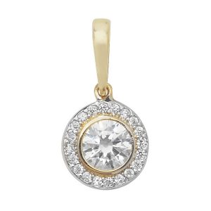 Round Halo Style Cubic Zirconia Set Pendant in Yellow Gold