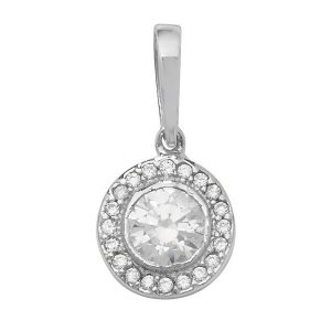 Round Halo Style Cubic Zirconia Set Pendant in White Gold