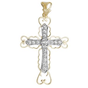 Gold Cubic Zirconia Decorated Cross Pendant in Yellow Gold