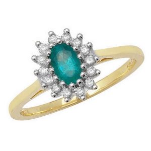 Diamond Cluster Ring with Centre Set Emerald in 9ct Yellow Gold