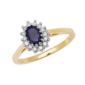 Diamond Cluster Ring with Centre Set Sapphire in 9ct Yellow Gold