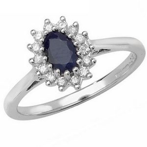 Diamond Cluster Ring with Centre Set Sapphire in 9ct White Gold