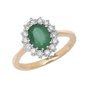 Diamond Cluster Ring with Large Centre Set Emerald in 9ct Yellow Gold