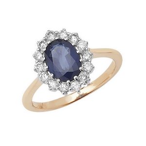 Diamond Cluster Ring with Large Centre Set Sapphire in 9ct Yellow Gold