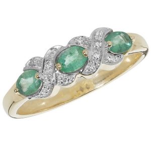 Fancy Set Diamond and Emerald Trilogy Ring in 9ct Yellow Gold