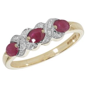 Fancy Set Diamond and Ruby Trilogy Ring in 9ct Yellow Gold