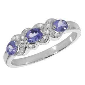 Fancy Set Diamond and Tanzanite Trilogy Ring in 9ct White Gold