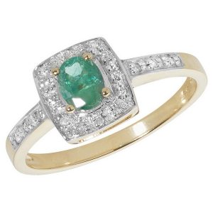 Diamond and Oval Shaped Emerald Set 9ct Yellow Gold Ring with Diamond Set Shoulders