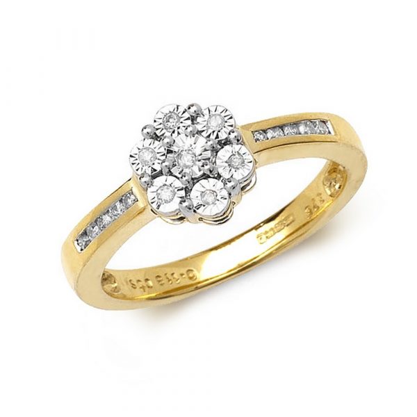 Diamond Illusion Set Diamond Cluster Ring with Diamond Shoulders in 9ct Yellow Gold (0.12ct)