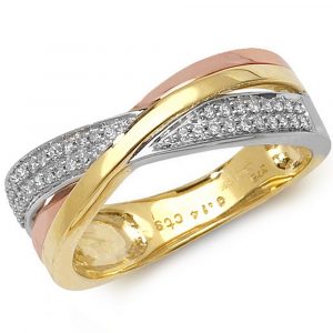 Three Tone Gold Diamond Crossover Ring in 9ct Red, Yellow and White Gold (0.14ct)