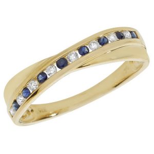 Diamond and Sapphire Set Cross Over Style Ring in 9ct Yellow Gold