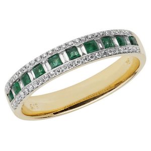 Half Eternity Style Princess Cut Emerald and Baguette Diamond 9ct Yellow Gold Ring
