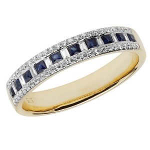 Half Eternity Style Princess Cut Sapphire and Baguette Diamond 9ct Yellow Gold Ring