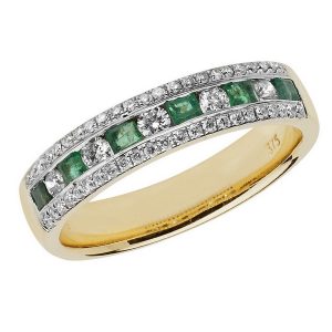 Half Eternity Style Princess Cut Emerald and Round Diamond 9ct Yellow Gold Ring