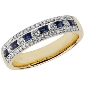 Half Eternity Style Princess Cut Sapphire and Round Diamond 9ct Yellow Gold Ring