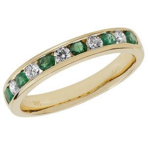 Half Eternity Style Round Cut Emerald and Round Diamond 9ct Yellow Gold Ring