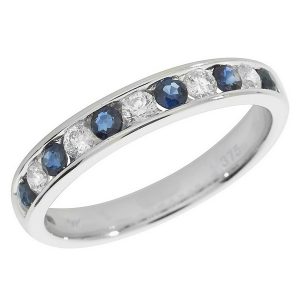 Half Eternity Style Round Cut Sapphire and Round Diamond 9ct White Gold Ring