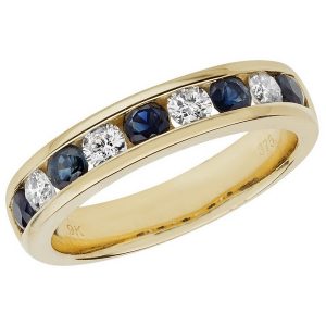 Half Eternity Style Round Cut Sapphire and Round Diamond 9ct Yellow Gold Ring