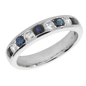 Half Eternity Style Round Cut Sapphire and Round Diamond 9ct White Gold Ring