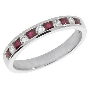 Half Eternity Style Princess Cut Ruby and Round Diamond 9ct White Gold Ring