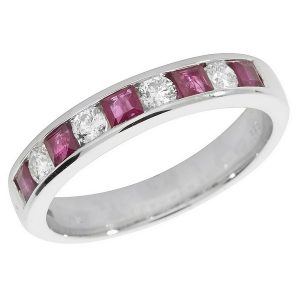 Half Eternity Style Princess Cut Ruby and Round Diamond 9ct White Gold Ring