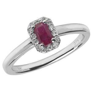 Diamond and Octagon Shaped Ruby Cluster Style Ring in 9ct White Gold