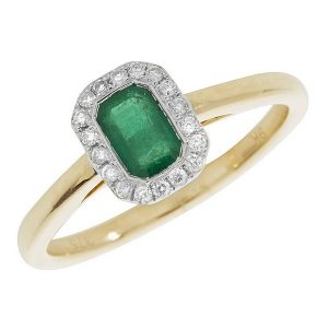Diamond and Octagon Shaped Emerald Cluster Style Ring in 9ct Yellow Gold