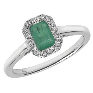 Diamond and Octagon Shaped Emerald Cluster Style Ring in 9ct White Gold