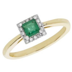 Diamond and Square Shaped Emerald Cluster Style Ring in 9ct Yellow Gold
