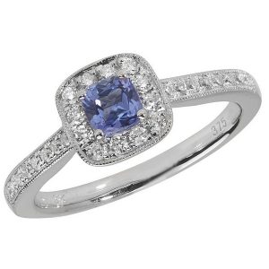 Diamond and Cushion Shaped Tanzanite Ring with Diamond Shoulders in 9ct White Gold