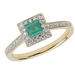 Diamond and Cushion Shaped Emerald Ring with Diamond Shoulders in 9ct Yellow Gold