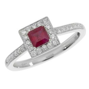 Diamond and Square Shaped Ruby Ring with Diamond Shoulders in 9ct White Gold