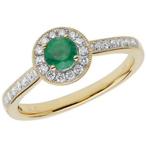Diamond and Round Cut Emerald Cluster Ring with Diamond Shoulders in 9ct Yellow Gold