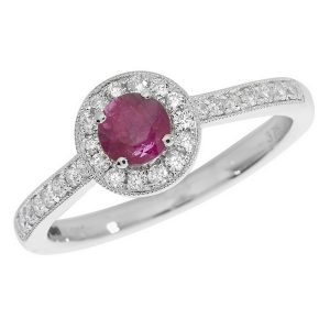 Diamond and Round Cut Ruby Cluster Ring with Diamond Shoulders in 9ct White Gold
