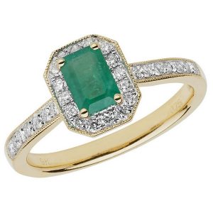 Diamond and Octagon Cut Emerald Cluster Ring with Diamond Shoulders in 9ct Yellow Gold