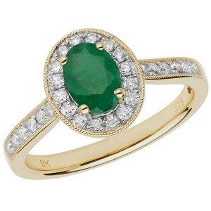 Diamond and Oval Cut Gemstone Emerald Cluster Ring with Diamond Shoulders in 9ct Yellow Gold