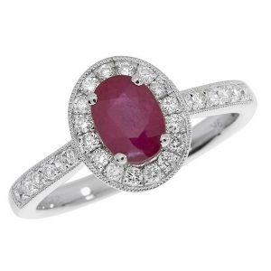 Diamond and Oval Cut Gemstone Ruby Cluster Ring with Diamond Shoulders in 9ct White Gold