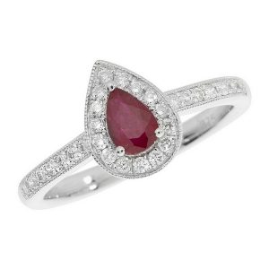 Diamond and Pear Cut Ruby Cluster Ring with Diamond Shoulders in 9ct White Gold
