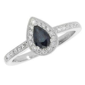 Diamond and Pear Cut Sapphire Cluster Ring with Diamond Shoulders in 9ct White Gold