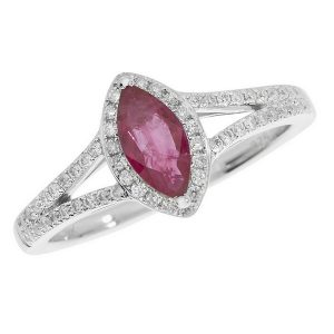 Diamond and Marquise Cut Ruby Cluster Ring with Split Diamond Set Shoulders in 9ct White Gold
