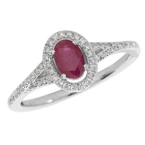 Diamond and Oval Cut Ruby Cluster Ring with Split Diamond Set Shoulders in 9ct White Gold