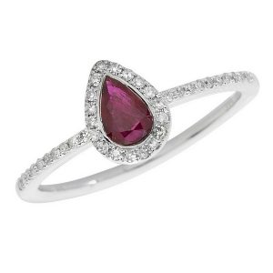 Diamond and Pear Cut Ruby Cluster Ring with Diamond Set Shoulders in 9ct White Gold