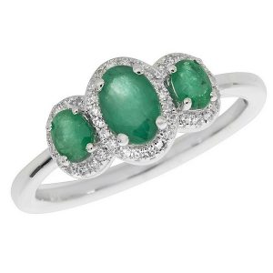 Diamond and Oval Emerald Trilogy Ring Set in 9ct White Gold