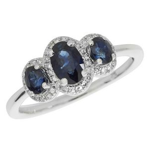 Diamond and Oval Sapphire Trilogy Ring Set in 9ct White Gold