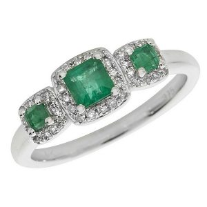 Diamond and Square Emerald Trilogy Ring Set in 9ct White Gold