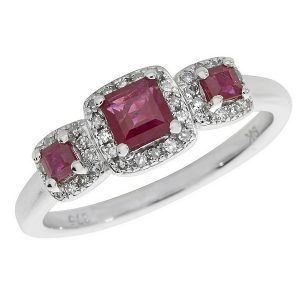 Diamond and Square Ruby Trilogy Ring Set in 9ct White Gold