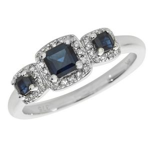 Diamond and Square Sapphire Trilogy Ring Set in 9ct White Gold