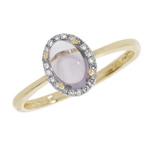 Amethyst Oval Shaped Cabochon and Diamond Dress Ring in 9ct Yellow Gold