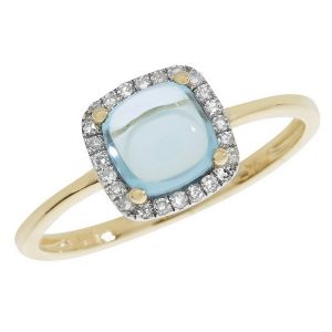 Blue Topaz Cushion Shaped Cabochon and Diamond Dress Ring in 9ct Yellow Gold